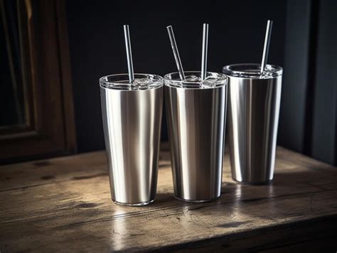 Premium AI Image | Three stainless steel tumblers with straws on a table.