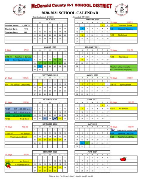 Amended 2020-2021 McDonald County School District Calendar | White Rock School