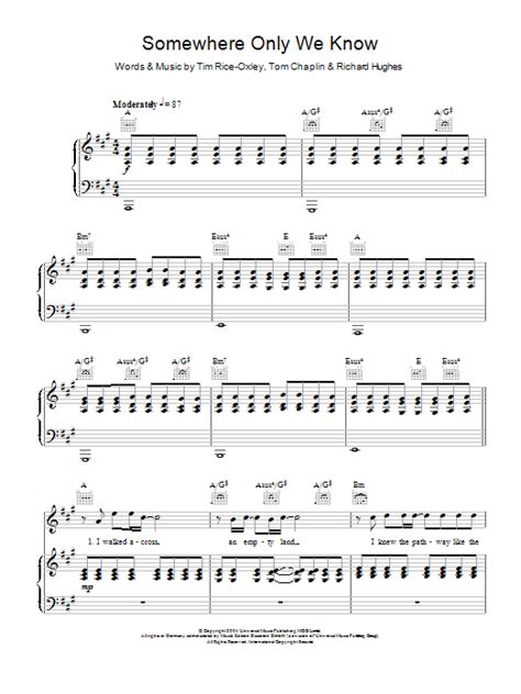 Somewhere Only We Know by Keane Sheet Music for Piano, Vocal & Guitar ...