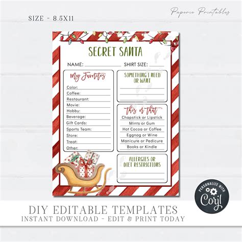 EDITABLE Secret Santa Questionnaire Printable Christmas - Etsy