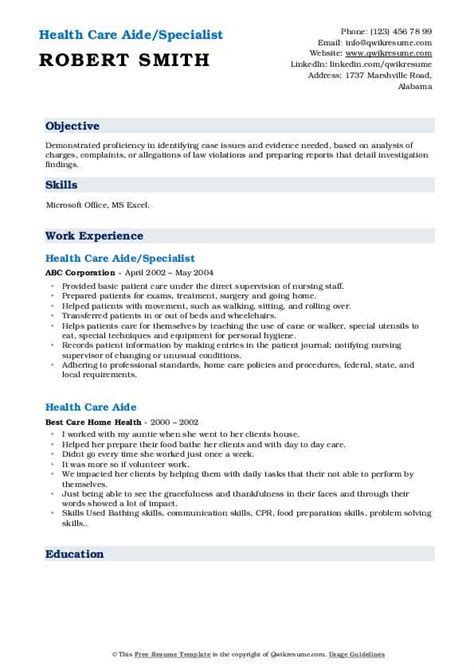 Health Care Aide Resume Samples | QwikResume