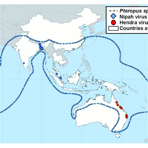 | Previous locations of Henipavirus infection outbreaks. Nipah and ...