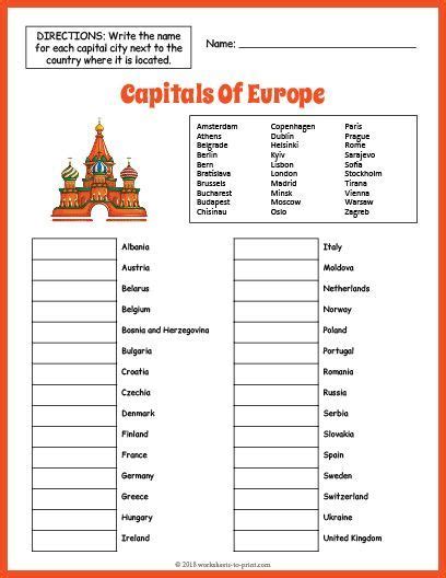 Free Capitals Of Europe Geography Worksheet | Geography worksheets, Geography for kids ...