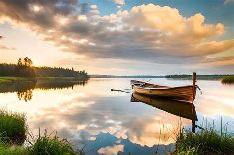 Premium Photo | A lake with a boat and a sunset