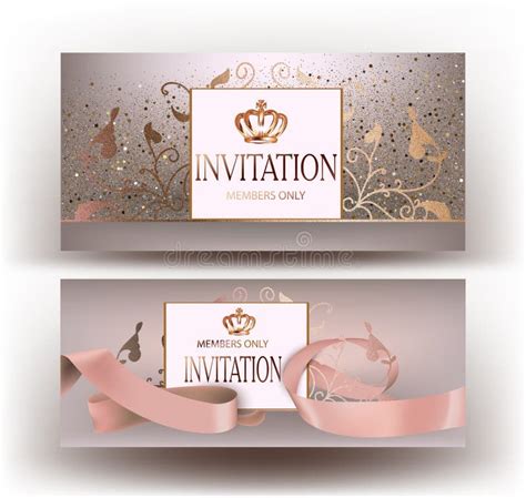 Beige Invitation Cards with Beautiful Design Elements and Ribbon. Stock Vector - Illustration of ...