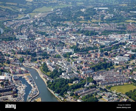 Exeter City centre with the river Exe, South West England, UK Stock ...