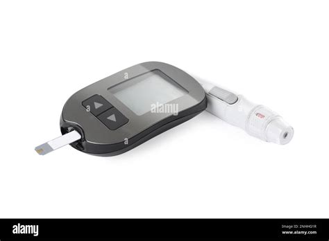 Digital glucometer and lancet pen on white background Stock Photo - Alamy