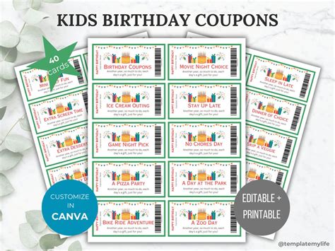 Birthday Coupon Book for Kids Birthday Gift Voucher Printable Kids Coupon Book Birthday Gift ...