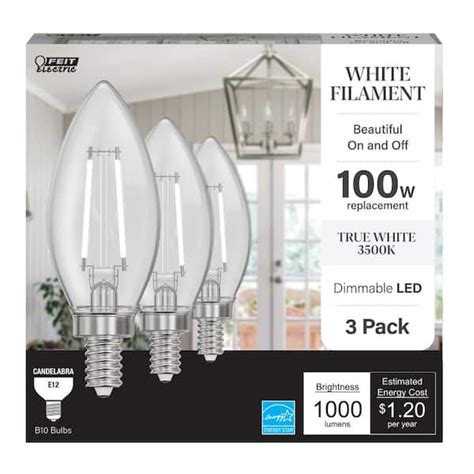 Feit Electric 100-Watt Equivalent B10 E12 Candelabra Dim White Filament ...