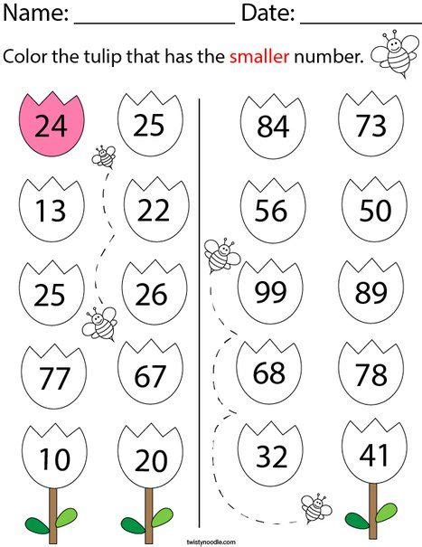 Color the tulip with the smaller number Math Worksheet - Twisty Noodle ...