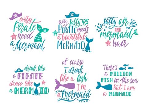 Premium Vector | Set of hand drawn quotes about mermaids and pirates.