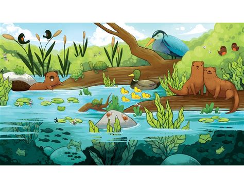 pond and river ecosystem print Children's room artwork