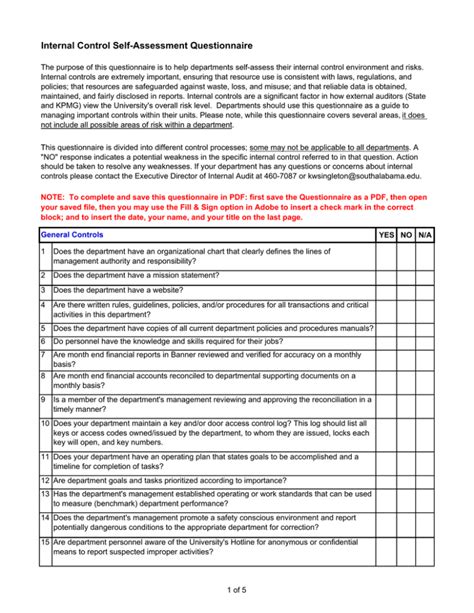 Internal Control Self-Assessment Questionnaire