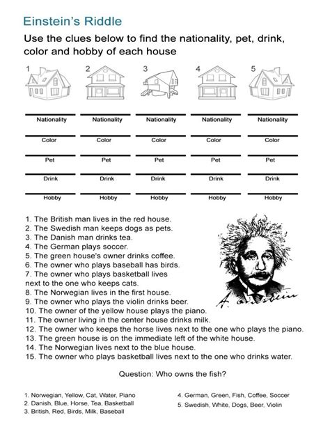 Einstein's Riddle: Detective-Style Logic Activity - All Esl - Printable Zebra Puzzle | Printable ...