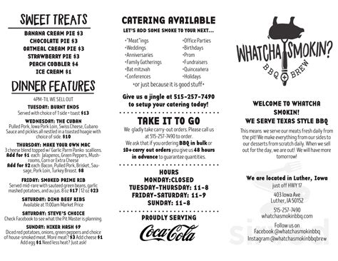 Whatcha Smokin BBQ & Brew menu in Luther, Iowa, USA