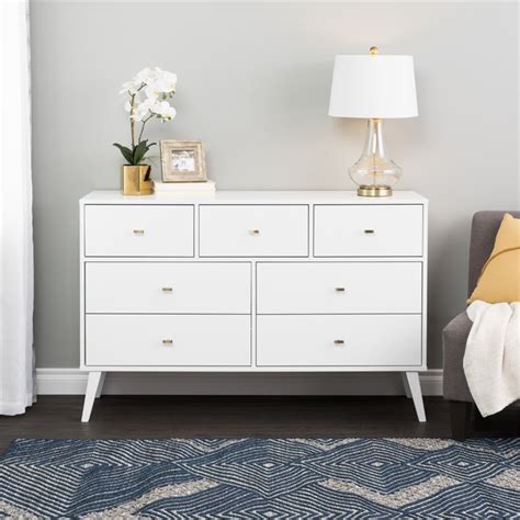 Prepac Milo Mid Century Modern 7 Drawer Dresser in White | Homesquare