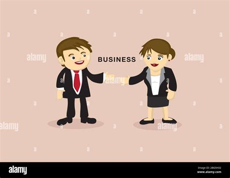 Cute cartoon business partners with eye contact and reaching out arms for presentation. Vector ...