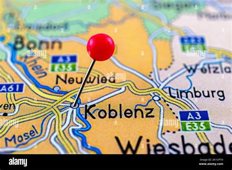 Koblenz map. Close up of Koblenz map with red pin. Map with red pin point of Koblenz in Germany ...