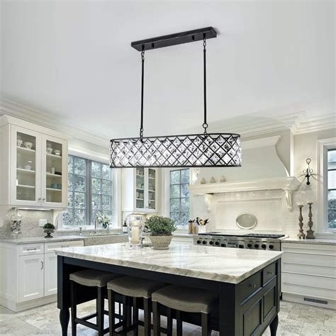 Crystal Rectangular Chandelier Flush Mount Island Lighting,5-Lights Modern Chandelier Pendant ...