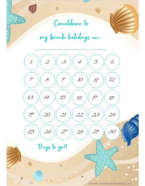 Beach Vacation Countdown Calendar - Free Printable Templates