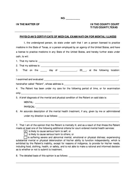 TX Physician's Certificate of Medical Examination for Mental Illness - Fill and Sign Printable ...