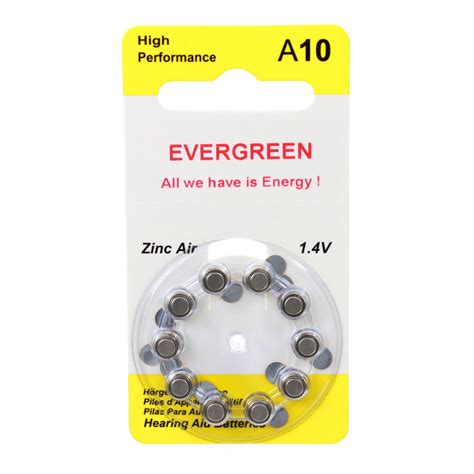 Hearing Aid Battery A10/B10 Evergreen 10pk, Size A10, Zinc Air, 1.4V 692360128205 | eBay