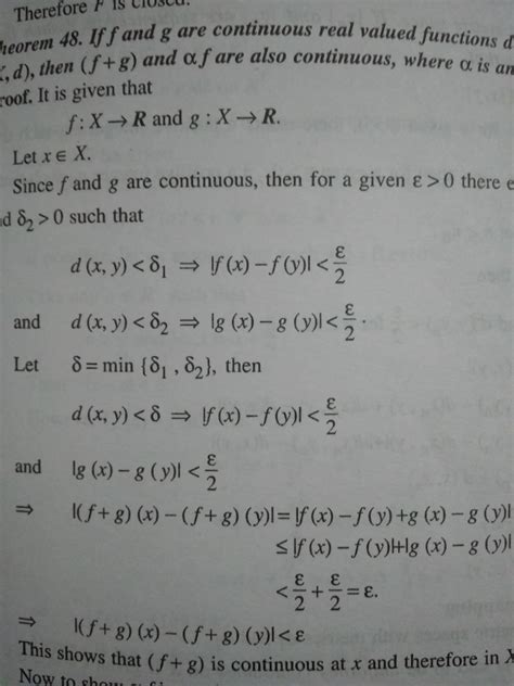 proof explanation - Proving that sum of two continuous real valued functions in a metric space ...