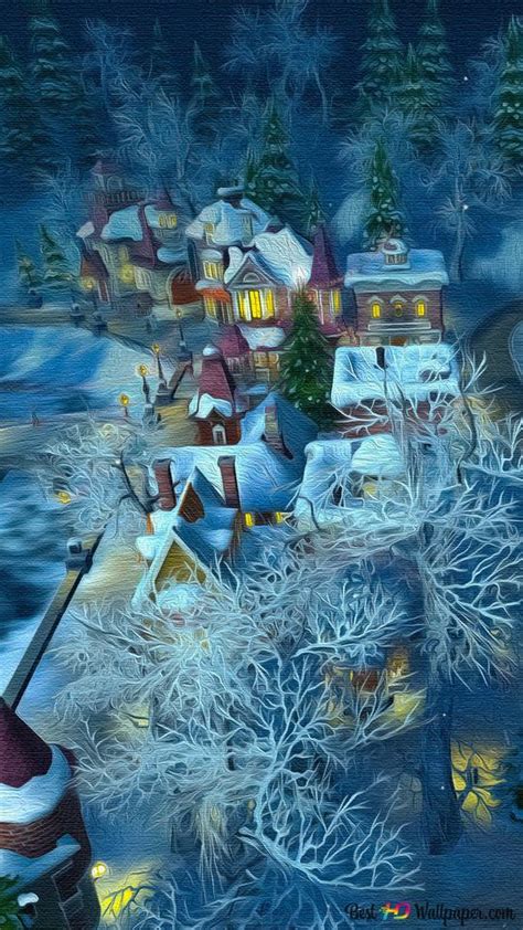 Snow Village Painting 4K wallpaper download