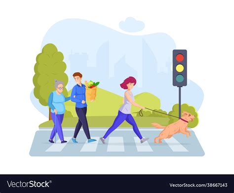 People walking on crosswalk crossing avenue road Vector Image