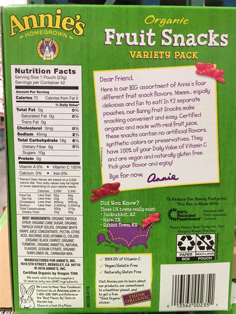 Annie's Homegrown Organic Fruit Snacks Nutrition Facts Ingredients List About the Product ...