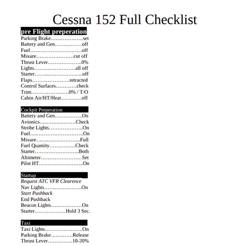 Cessna 152 complete Checklist (PDF) for Microsoft Flight Simulator | MSFS