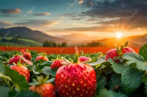 Premium Photo | Strawberries in a field with a sunset in the background