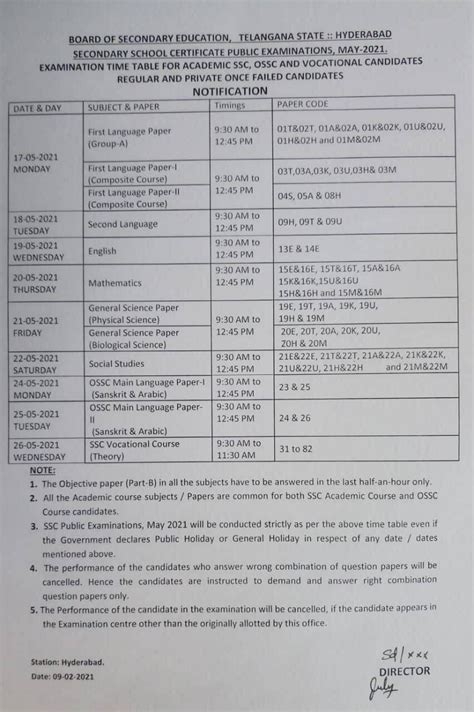 Telangana 10th class TimeTable and Supplementary Time table Download