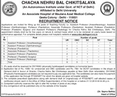 Chacha Nehru Bal Chikitsalaya Recruitment 2017 Faculty Posts (15 Vacancies)