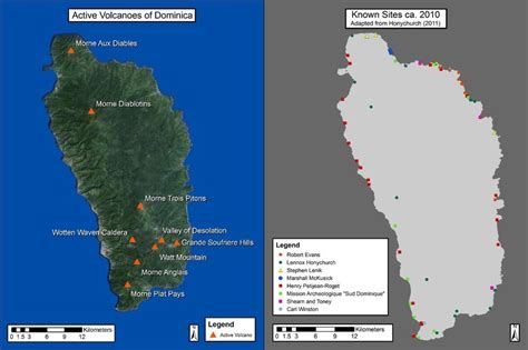 Maps showing the concentration of volcanoes in Dominica and the ...