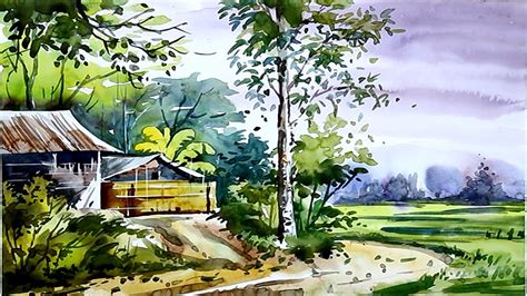 Village Scenery Watercolor Painting | Watercolor Landscape House Paint ...