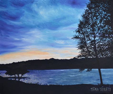 Landscape Oil Painting Silhouette Sunset Lake Galena Peace