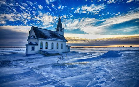 Iglesia, invierno, nieve, nubes, puesta de sol Fondos de pantalla ...