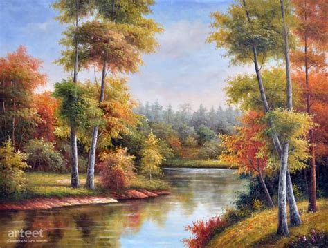 an oil painting of a river surrounded by trees