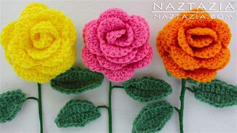 DIY Learn How to Crochet a Beginner Easy Flower - Rose Rosas Bouquet Flowers Leaf Leaves Stem ...