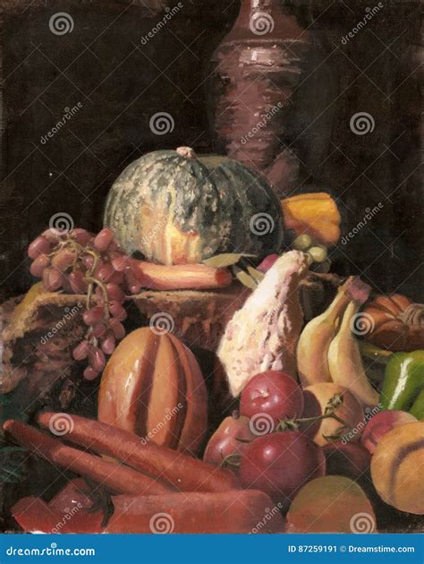 Still Life Oil Painting of Various Fruits and Vegetables Stock Illustration - Illustration of ...