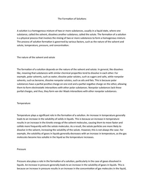 The Formation of Solutions - The formation of a solution is a physical ...