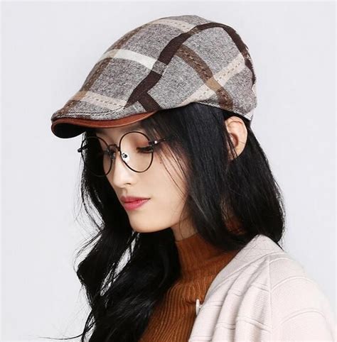 British plaid flat cap for women casual adjustable winter caps warm ...