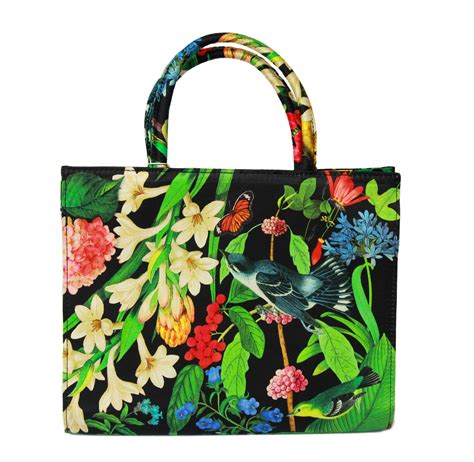 Women's black floral silk handbag, structured tote bag Garden - classy vintage style purse