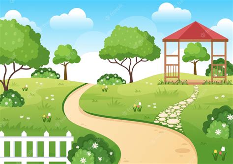 Premium Vector | Beautiful garden cartoon background illustration with ...