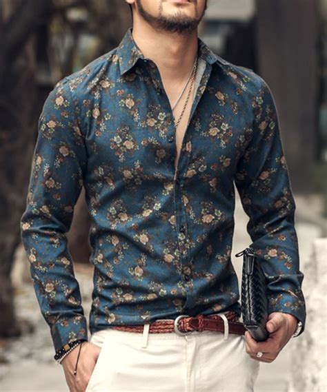 Men shirt Floral printing long sleeve shirts men clothes flowers ...