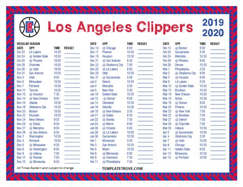 Printable 2019-2020 Los Angeles Clippers Schedule