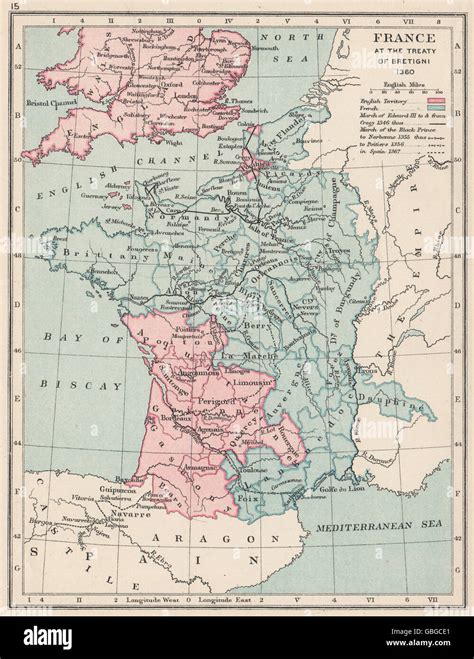 HUNDRED YEARS WAR: France in 1360: Treaty of Bretigny. English lands, 1907 map Stock Photo - Alamy