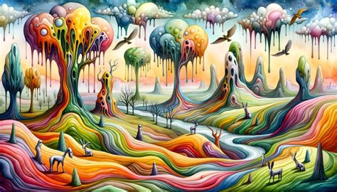 Watercolor painting of a dreamy landscape where tree...