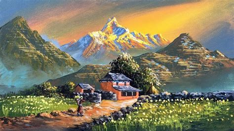 Nepali Village Landscape Painting | Beautiful Painting | Nature Painting... | Scenery paintings ...